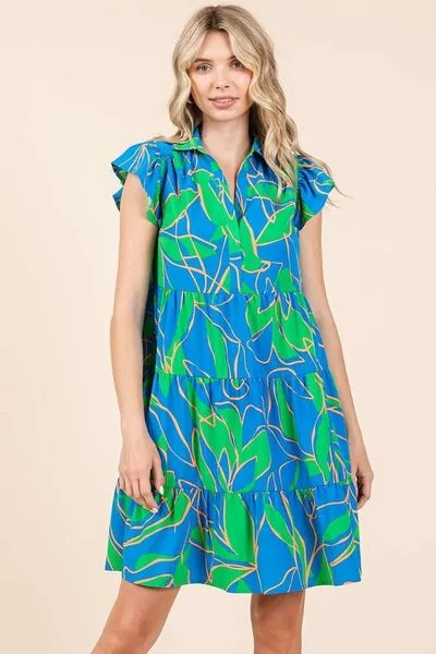 Blue Leaf Print Ruffle Sleeve Tiered Mini Dress