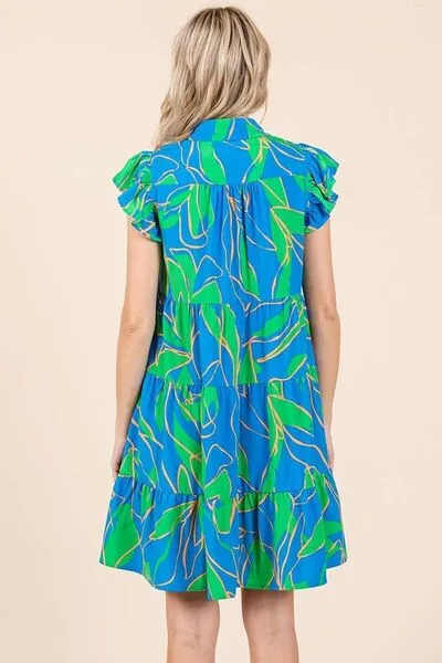 Blue Leaf Print Ruffle Sleeve Tiered Mini Dress