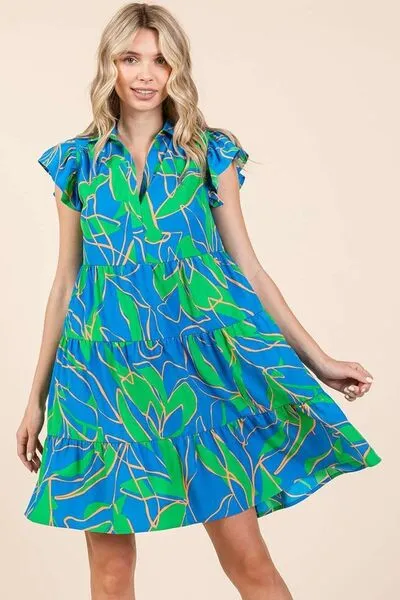 Blue Leaf Print Ruffle Sleeve Tiered Mini Dress