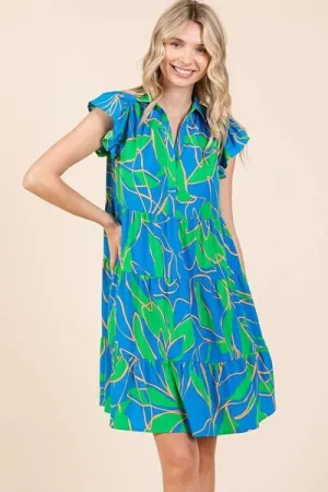Blue Leaf Print Ruffle Sleeve Tiered Mini Dress
