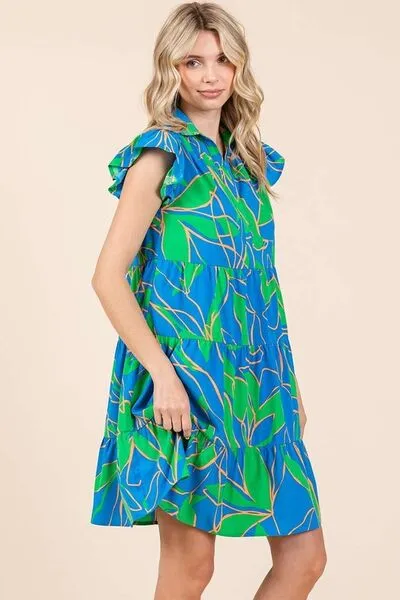 Blue Leaf Print Ruffle Sleeve Tiered Mini Dress