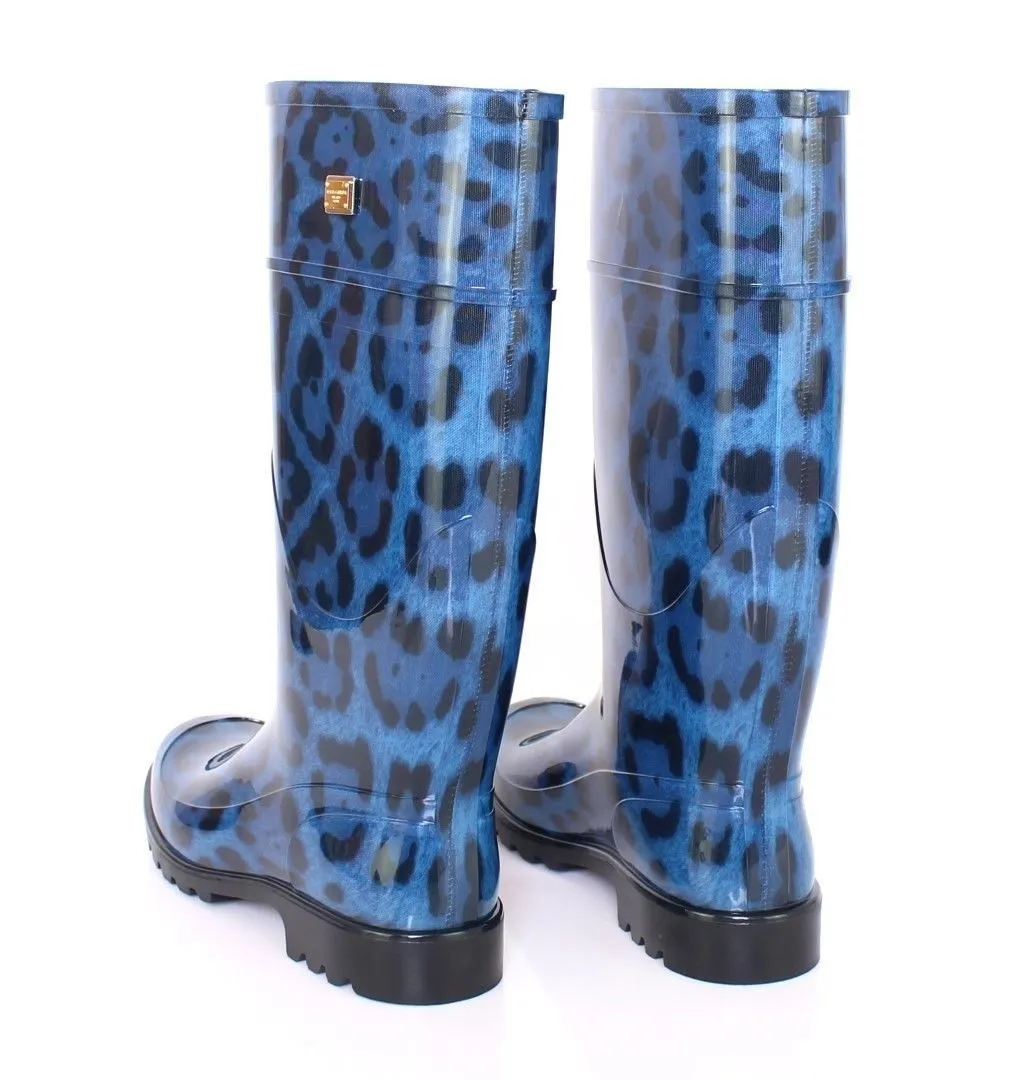 Blue Leopard Rubber Rain Boots Shoes Wellies