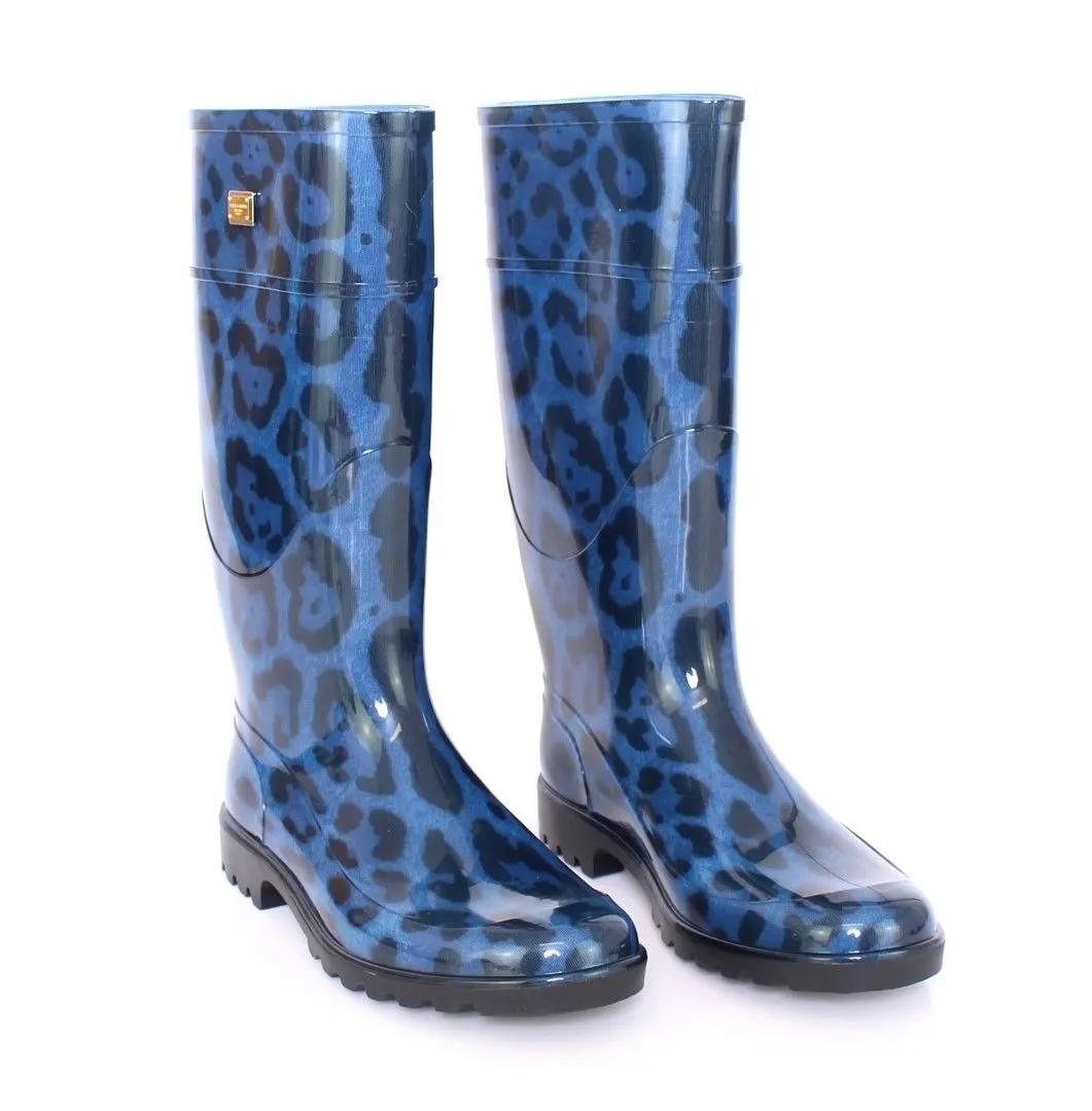 Blue Leopard Rubber Rain Boots Shoes Wellies