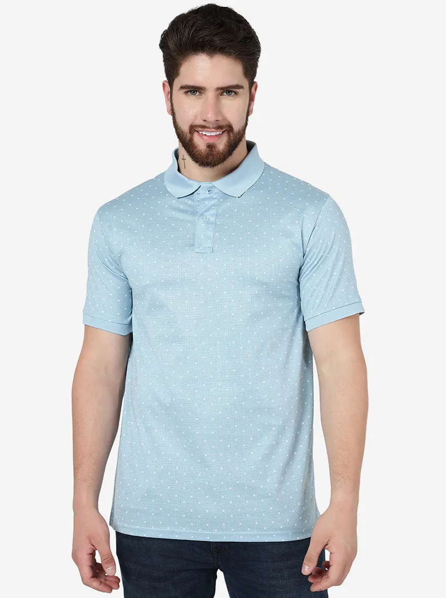 Blue Printed Slim Fit Polo T-Shirt | JadeBlue