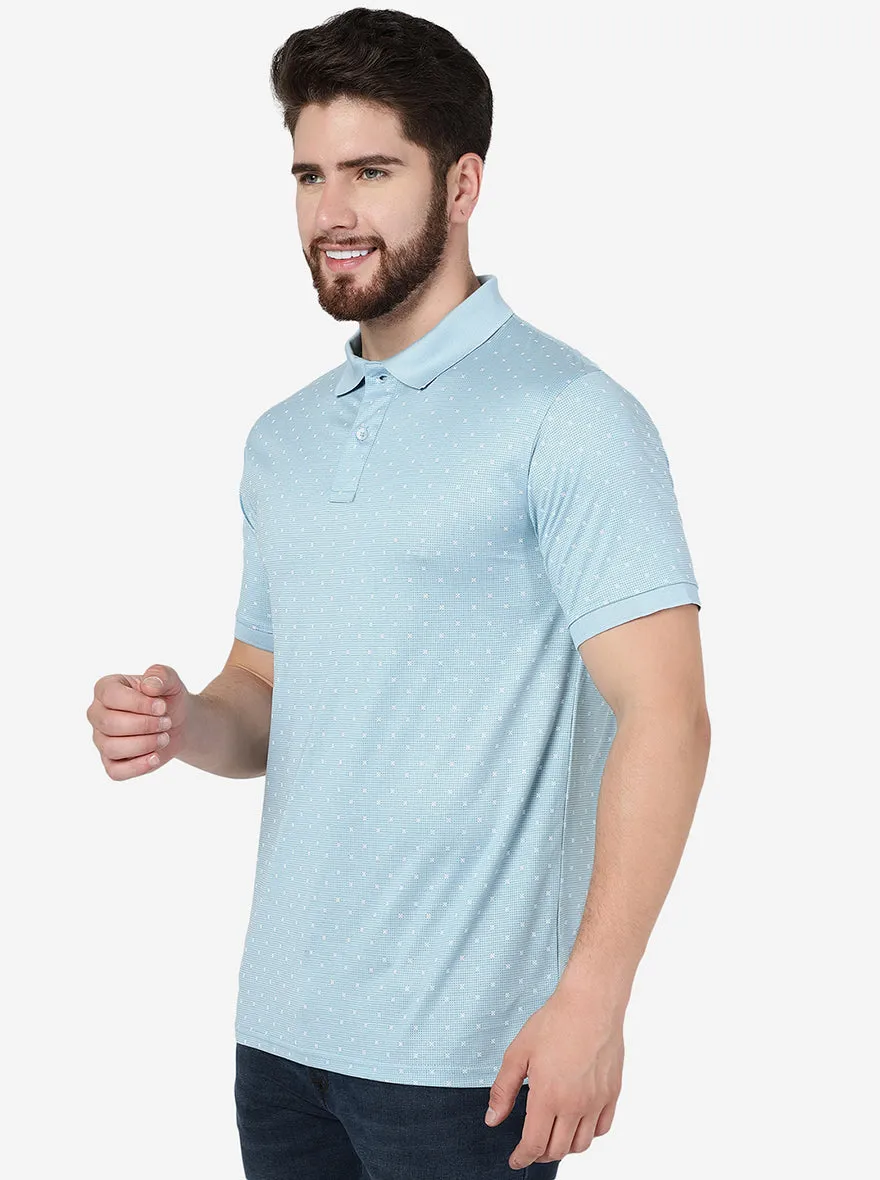 Blue Printed Slim Fit Polo T-Shirt | JadeBlue