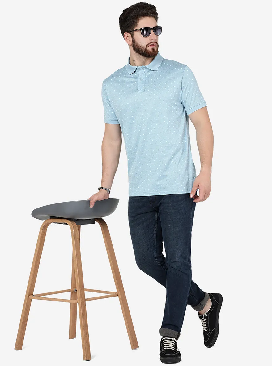 Blue Printed Slim Fit Polo T-Shirt | JadeBlue
