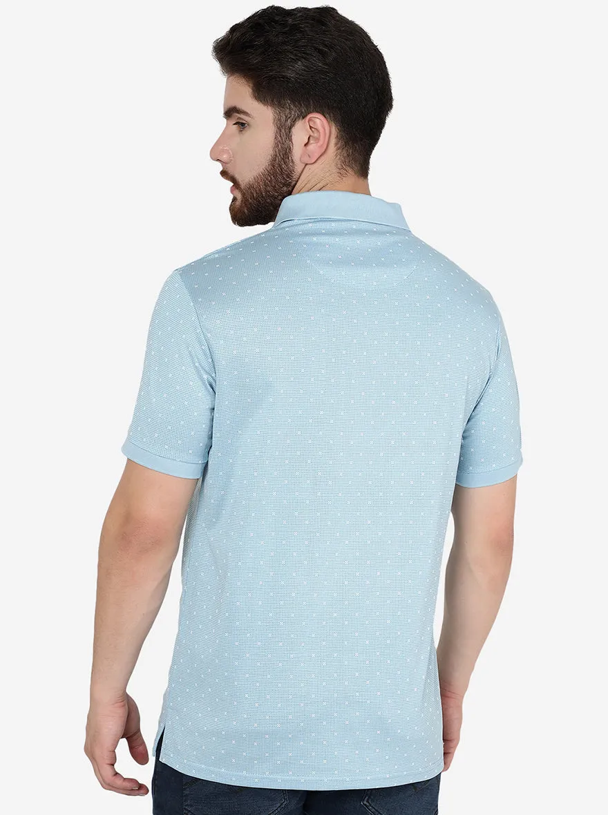 Blue Printed Slim Fit Polo T-Shirt | JadeBlue