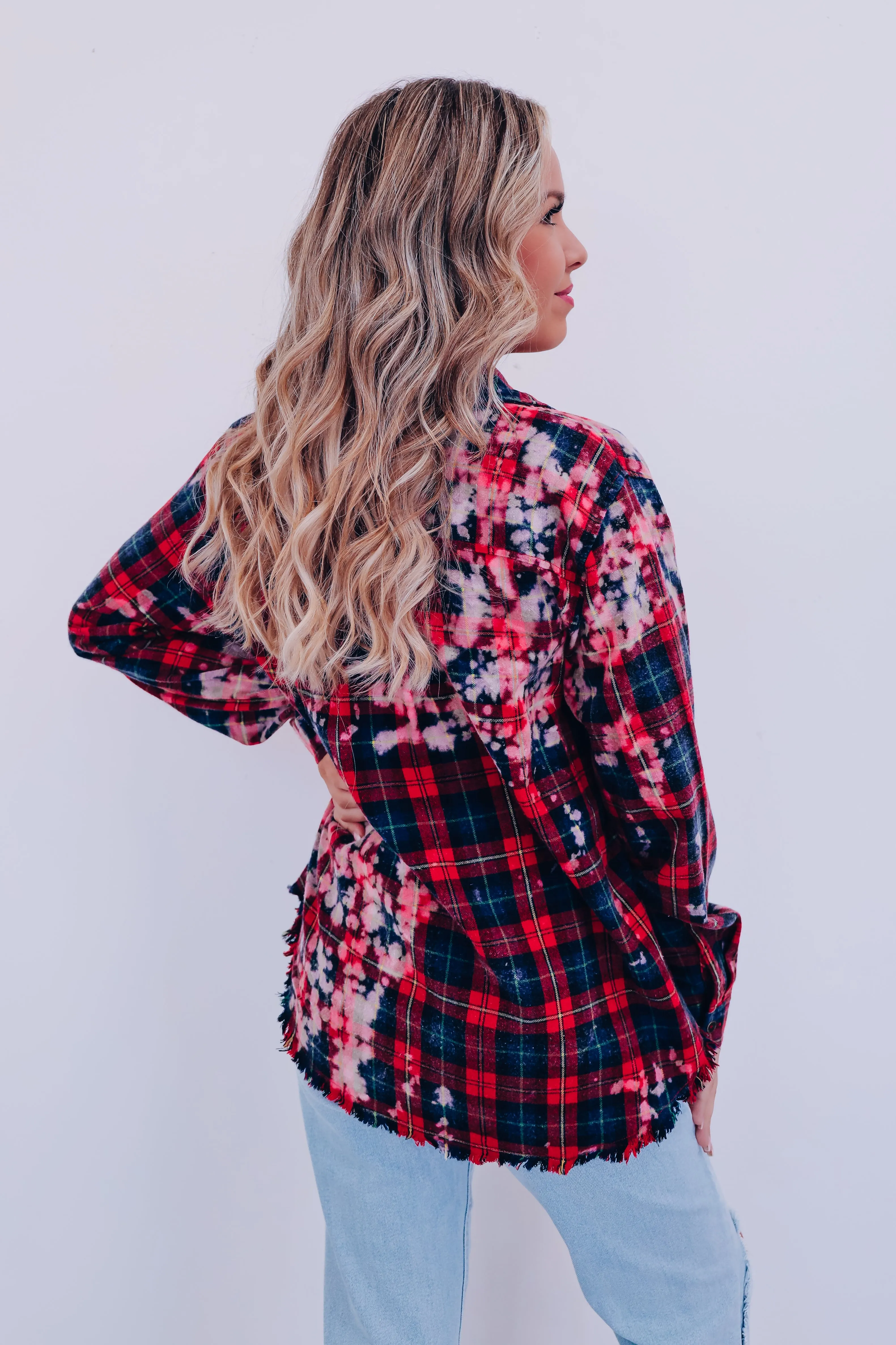Brie Bleach Wash Plaid Shirt - Red