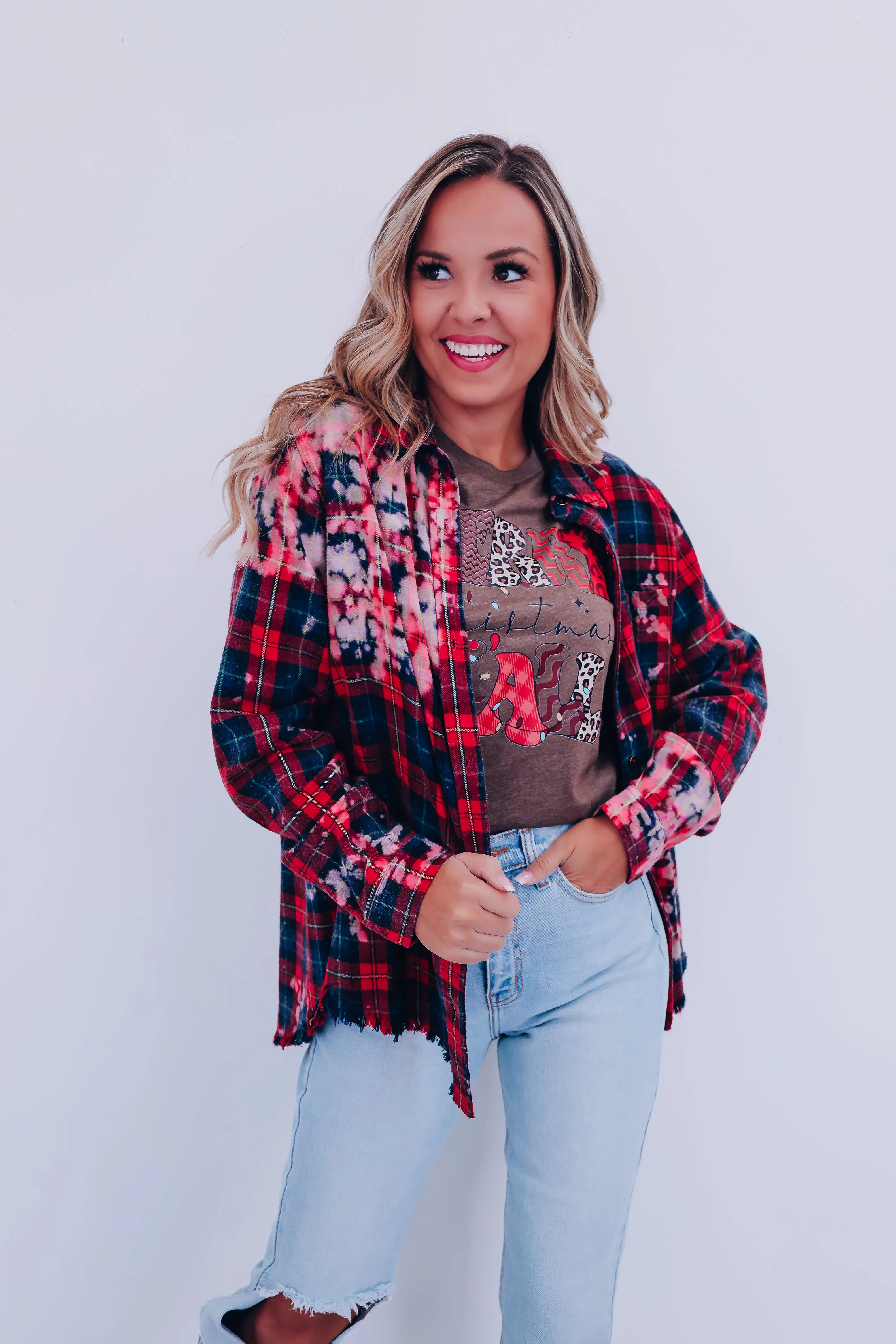 Brie Bleach Wash Plaid Shirt - Red