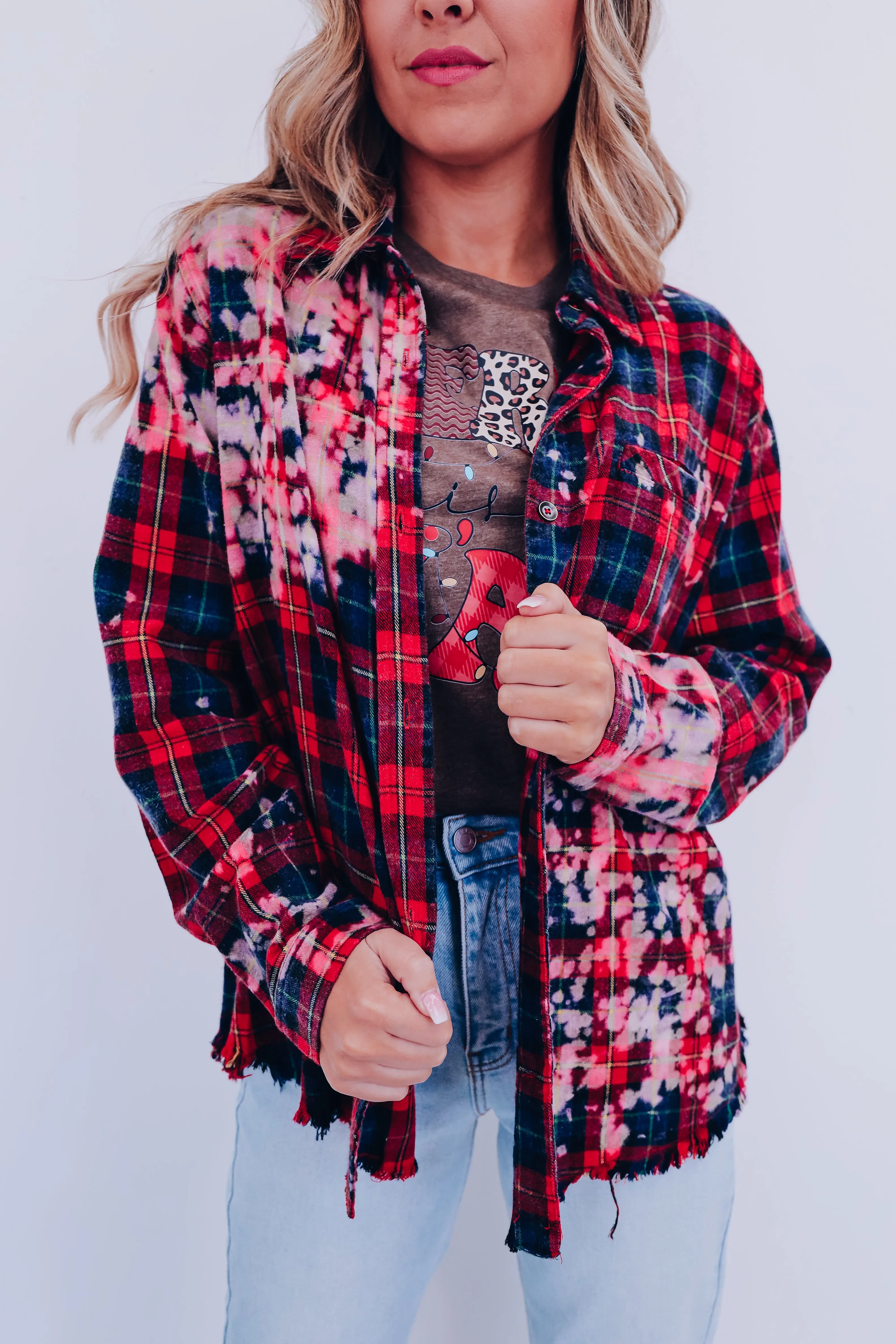 Brie Bleach Wash Plaid Shirt - Red