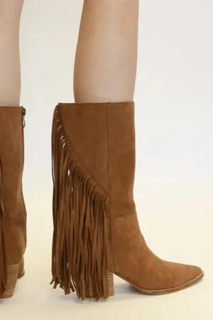 Brown Faux Suede Fringe Point Toe Boots