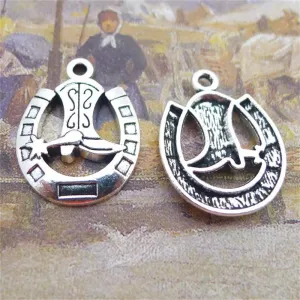 BULK 30 Antique Silver Plated Cowgirl Boots with Horseshoe Charms Lucky Pendants 24*19mm 2.4g