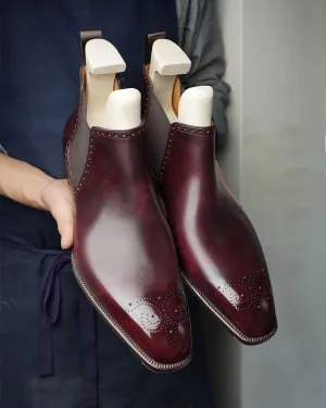 Burgundy Brown Leather Isolde Brogue Chelsea Boots - Chelsea Boots