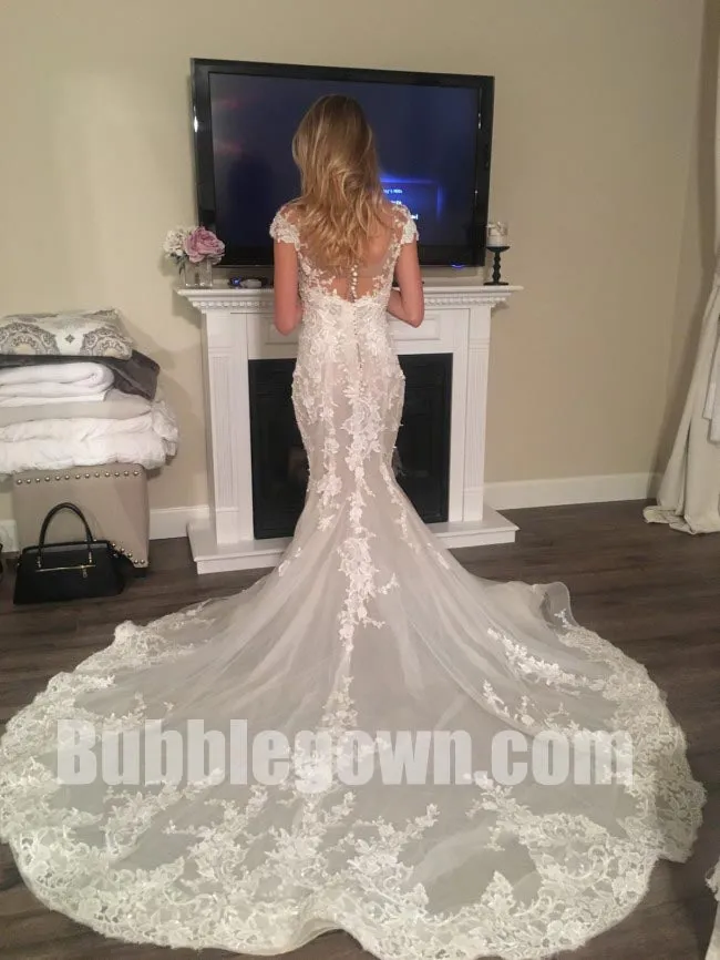 Cap Sleeves Lace Mermaid Elegant Bridal Long Wedding Dresses, BGW010