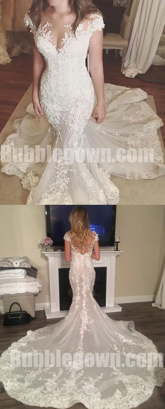 Cap Sleeves Lace Mermaid Elegant Bridal Long Wedding Dresses, BGW010