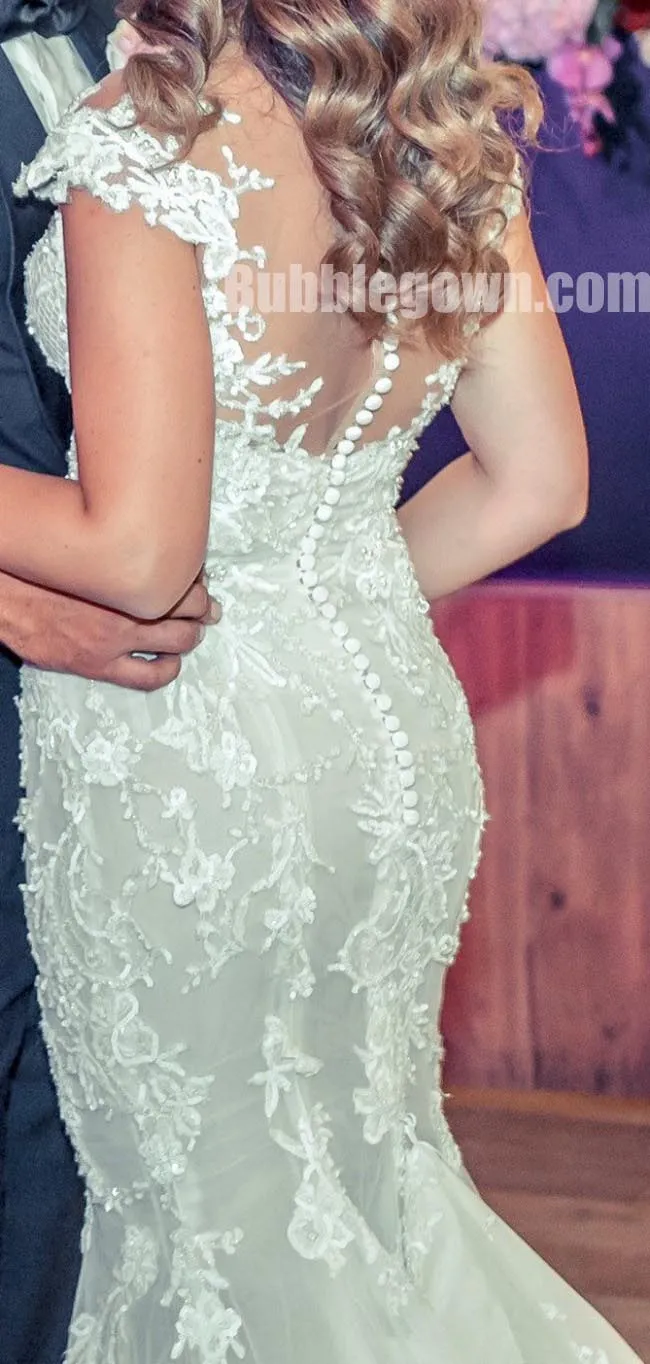 Cap Sleeves Lace Mermaid Elegant Bridal Long Wedding Dresses, BGW010