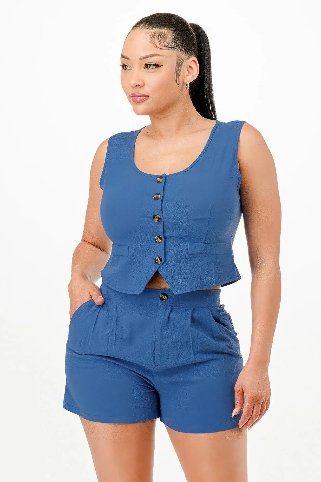 Casual Cropped Vest And Short Set