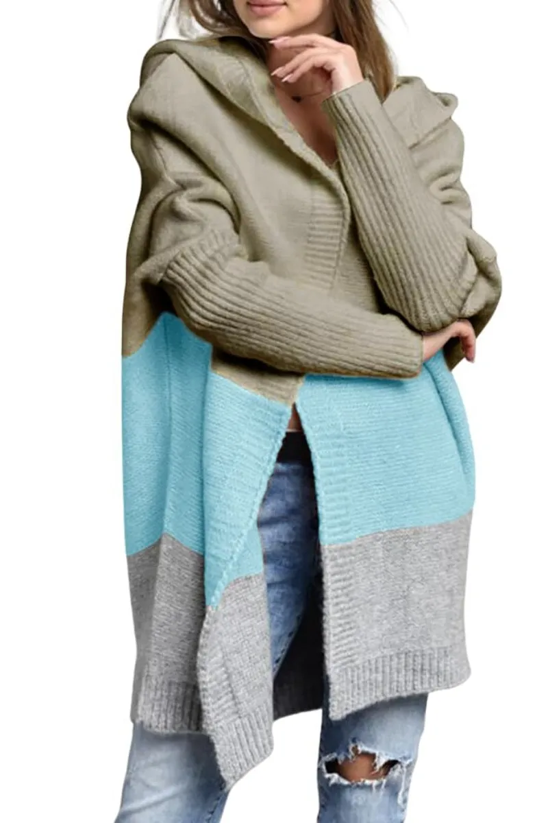 Chouyatou Women's Color Block Hooded Cardigan Casual Loose Open Front Ribbed Knit Long Coatigan Sweater