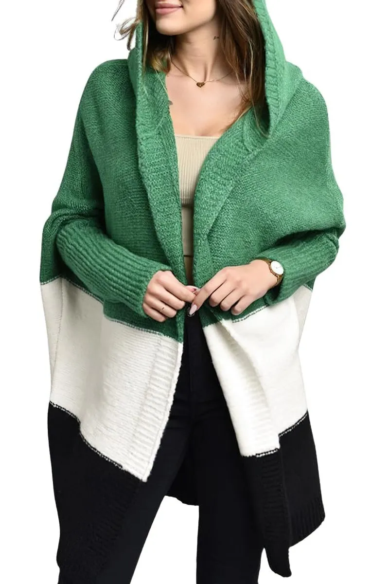 Chouyatou Women's Color Block Hooded Cardigan Casual Loose Open Front Ribbed Knit Long Coatigan Sweater