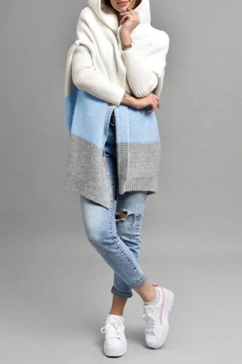 Chouyatou Women's Color Block Hooded Cardigan Casual Loose Open Front Ribbed Knit Long Coatigan Sweater