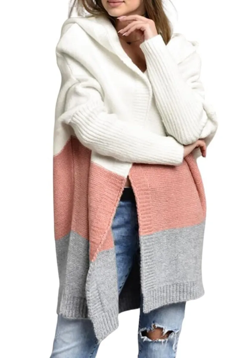 Chouyatou Women's Color Block Hooded Cardigan Casual Loose Open Front Ribbed Knit Long Coatigan Sweater