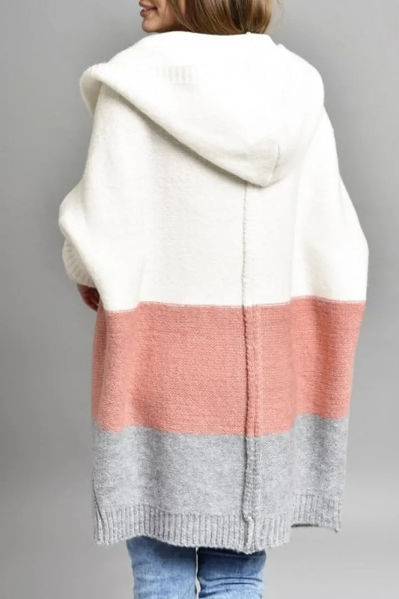 Chouyatou Women's Color Block Hooded Cardigan Casual Loose Open Front Ribbed Knit Long Coatigan Sweater