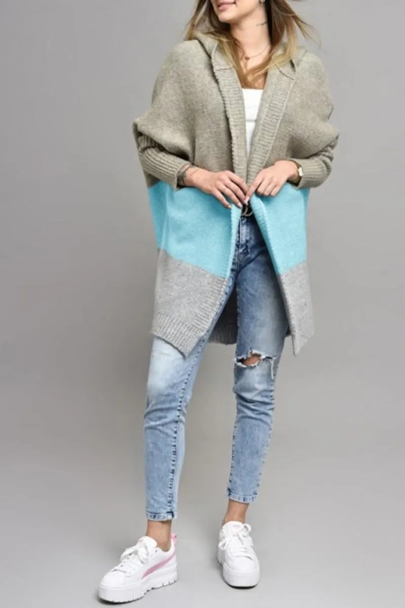 Chouyatou Women's Color Block Hooded Cardigan Casual Loose Open Front Ribbed Knit Long Coatigan Sweater