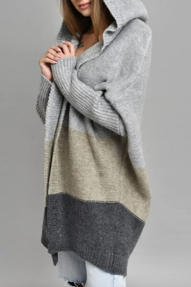 Chouyatou Women's Color Block Hooded Cardigan Casual Loose Open Front Ribbed Knit Long Coatigan Sweater