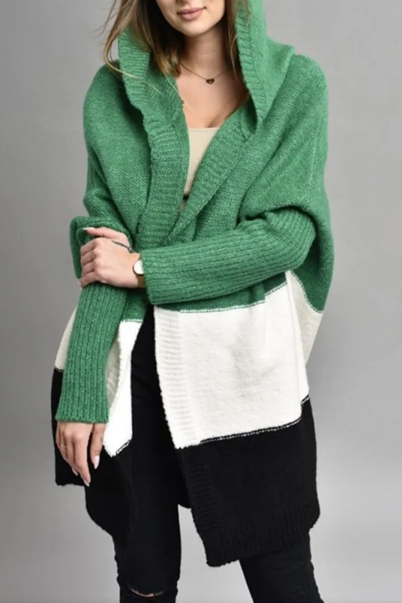Chouyatou Women's Color Block Hooded Cardigan Casual Loose Open Front Ribbed Knit Long Coatigan Sweater