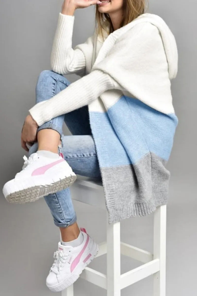 Chouyatou Women's Color Block Hooded Cardigan Casual Loose Open Front Ribbed Knit Long Coatigan Sweater