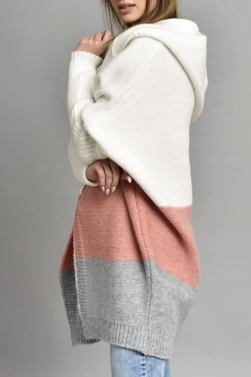Chouyatou Women's Color Block Hooded Cardigan Casual Loose Open Front Ribbed Knit Long Coatigan Sweater