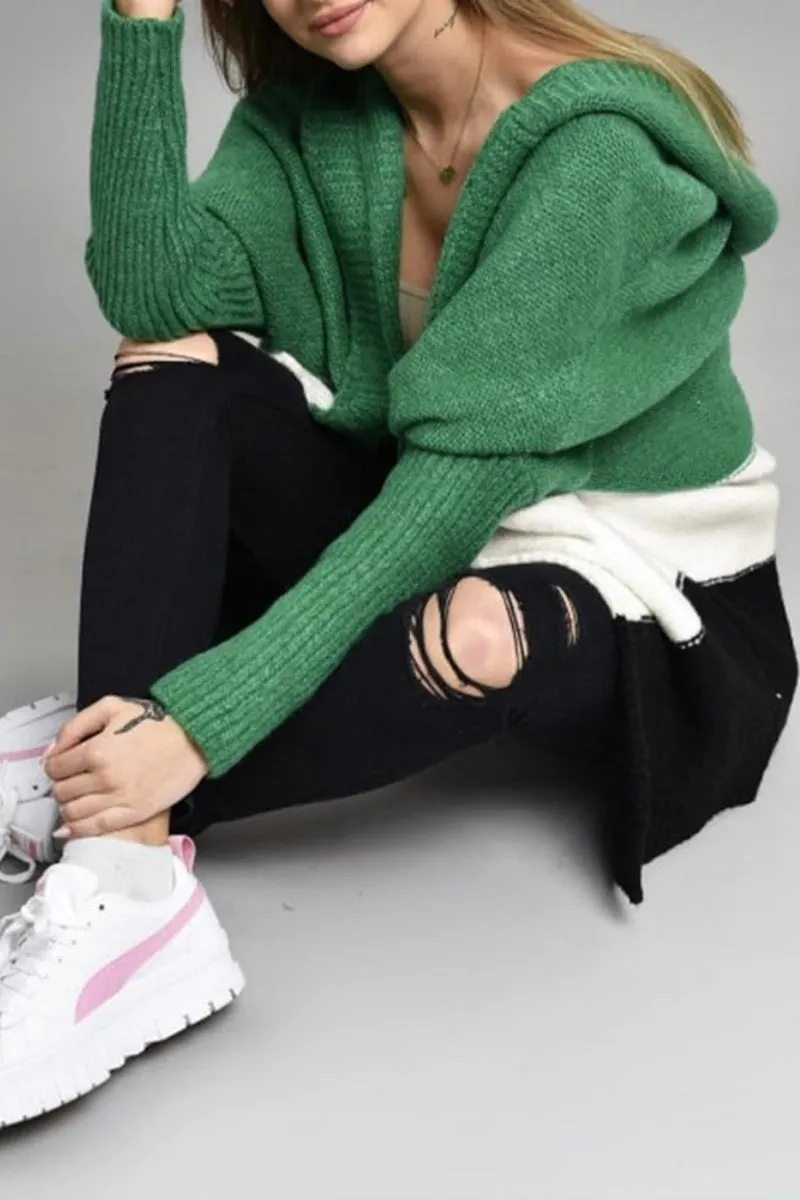 Chouyatou Women's Color Block Hooded Cardigan Casual Loose Open Front Ribbed Knit Long Coatigan Sweater