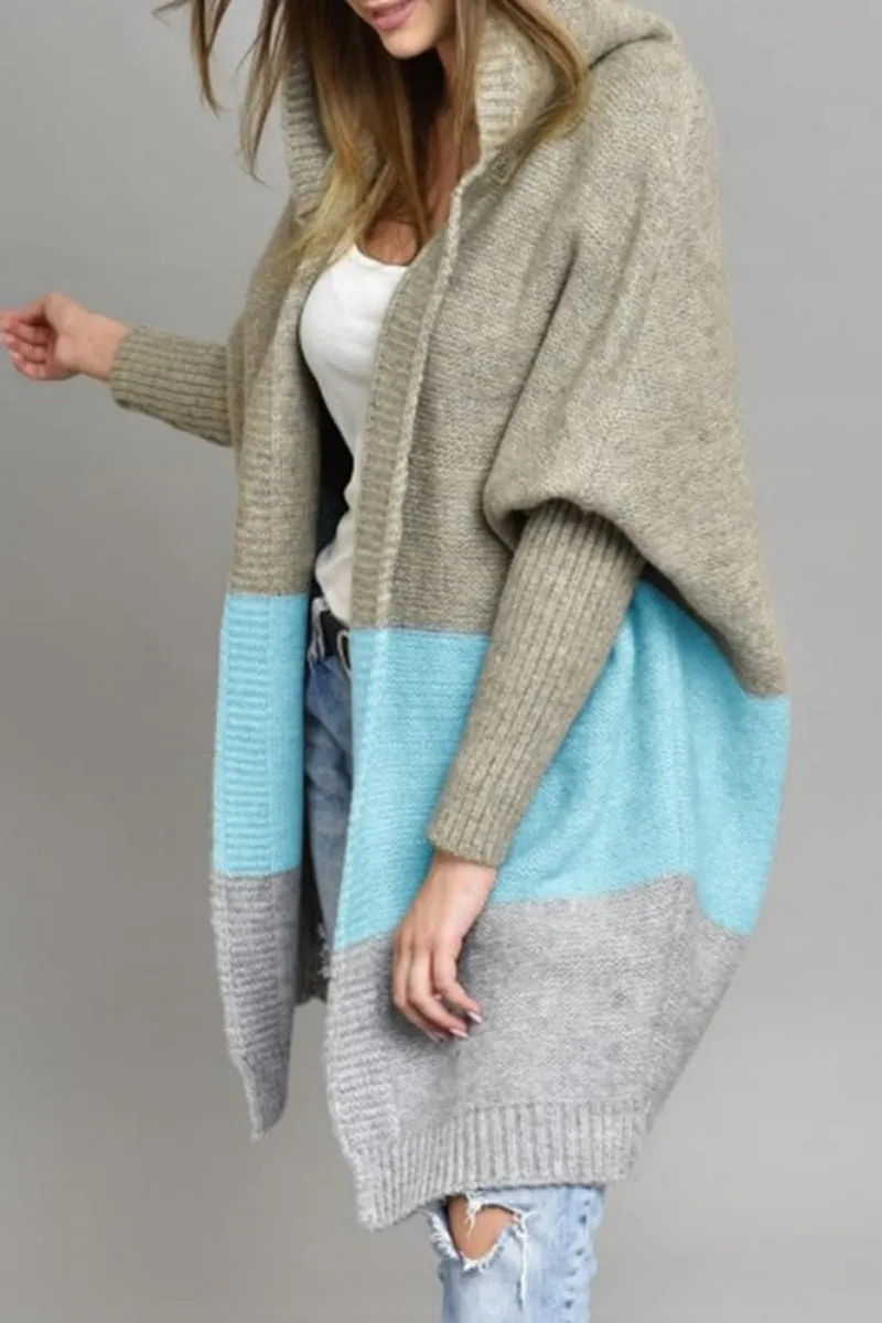 Chouyatou Women's Color Block Hooded Cardigan Casual Loose Open Front Ribbed Knit Long Coatigan Sweater