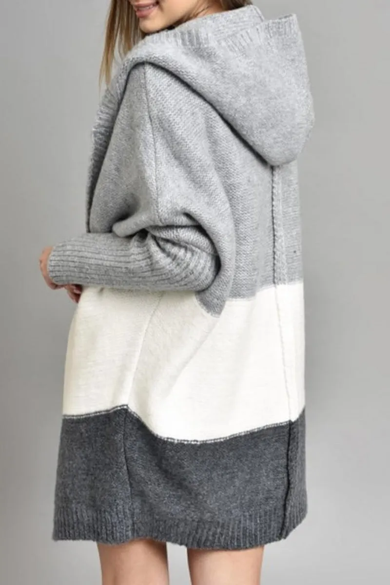 Chouyatou Women's Color Block Hooded Cardigan Casual Loose Open Front Ribbed Knit Long Coatigan Sweater