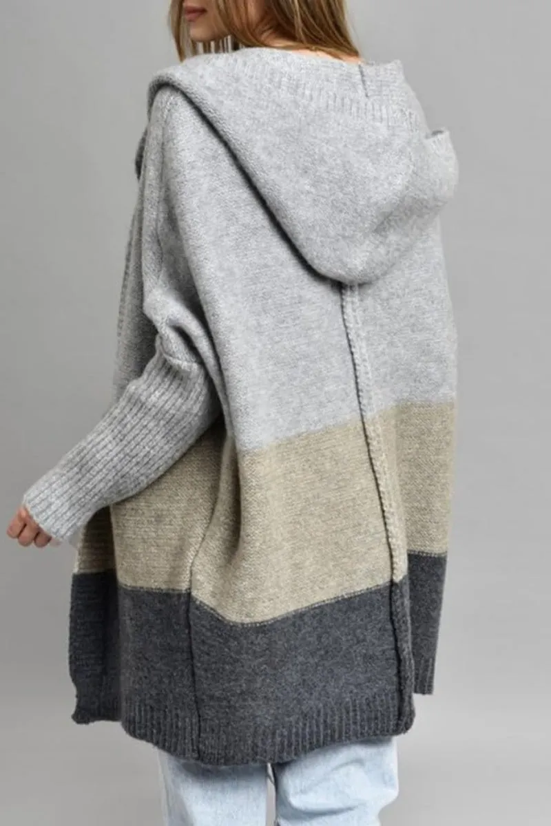 Chouyatou Women's Color Block Hooded Cardigan Casual Loose Open Front Ribbed Knit Long Coatigan Sweater