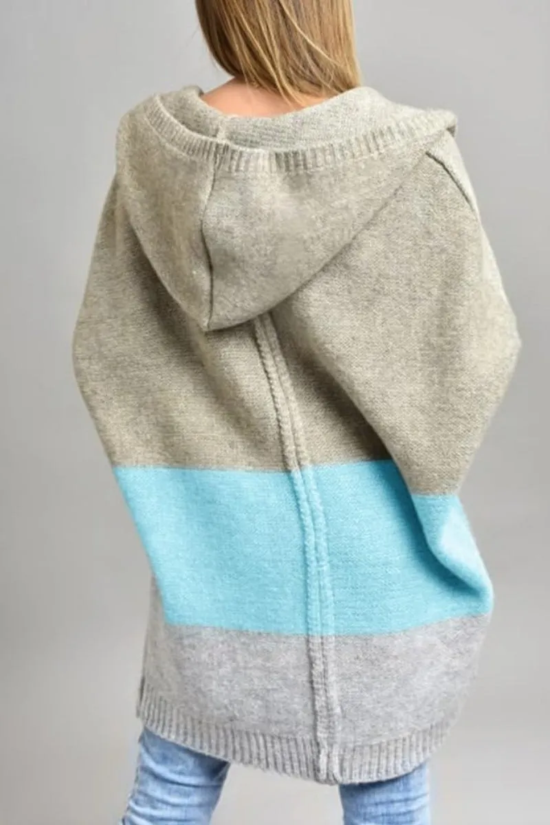 Chouyatou Women's Color Block Hooded Cardigan Casual Loose Open Front Ribbed Knit Long Coatigan Sweater