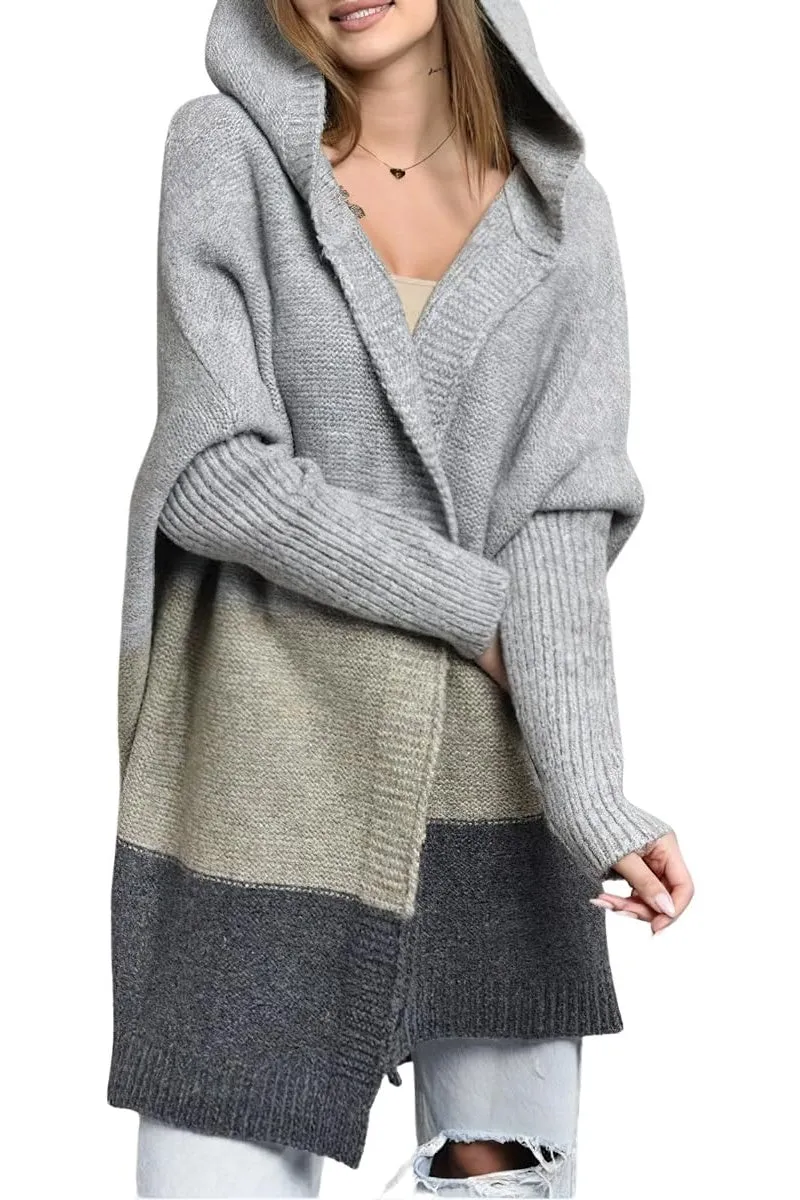 Chouyatou Women's Color Block Hooded Cardigan Casual Loose Open Front Ribbed Knit Long Coatigan Sweater