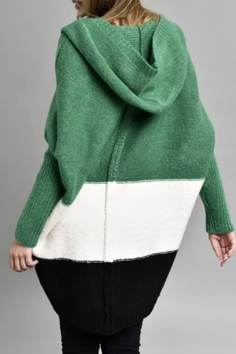 Chouyatou Women's Color Block Hooded Cardigan Casual Loose Open Front Ribbed Knit Long Coatigan Sweater