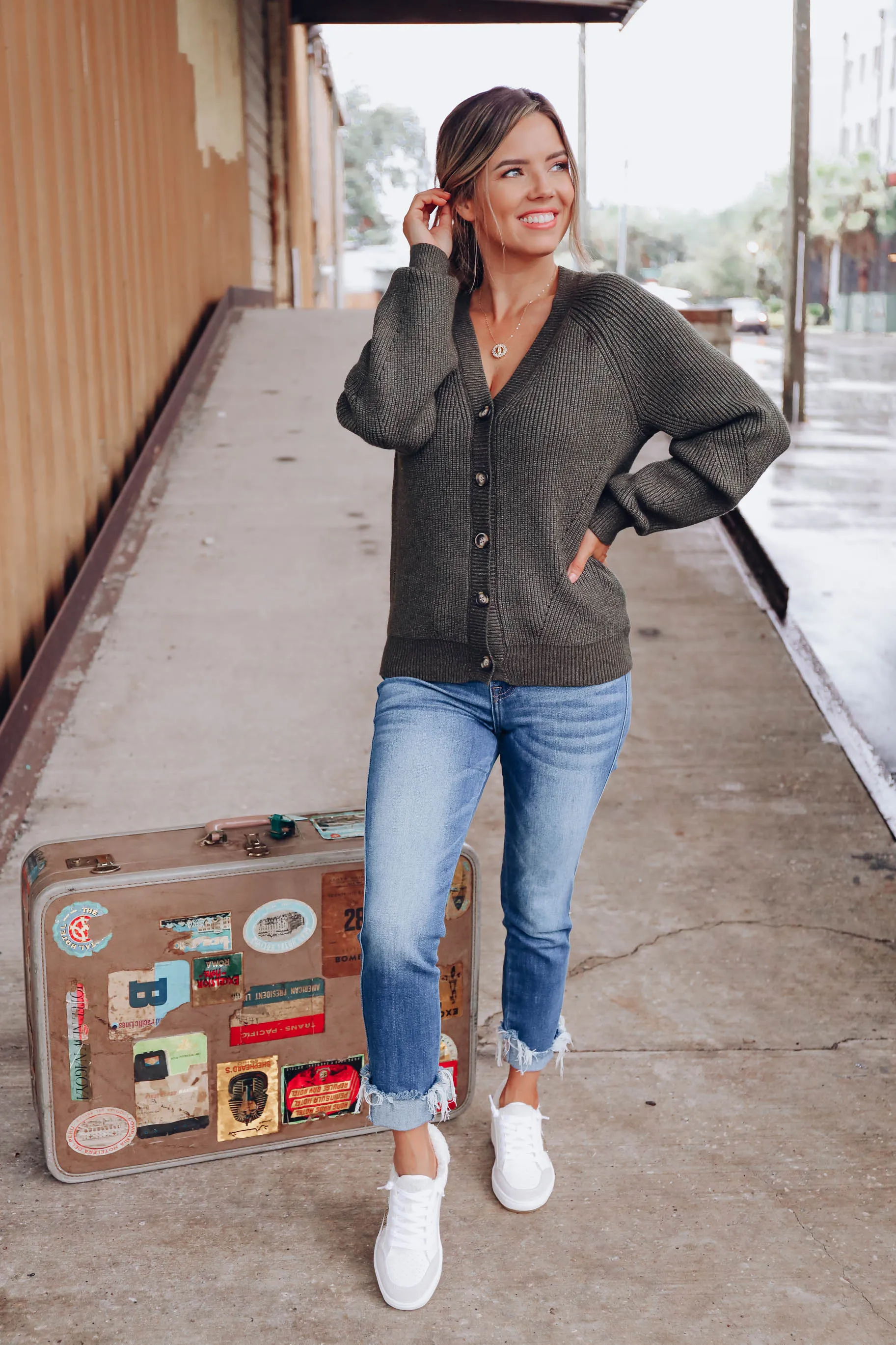 Completed Style Open Front Cardigan - Green