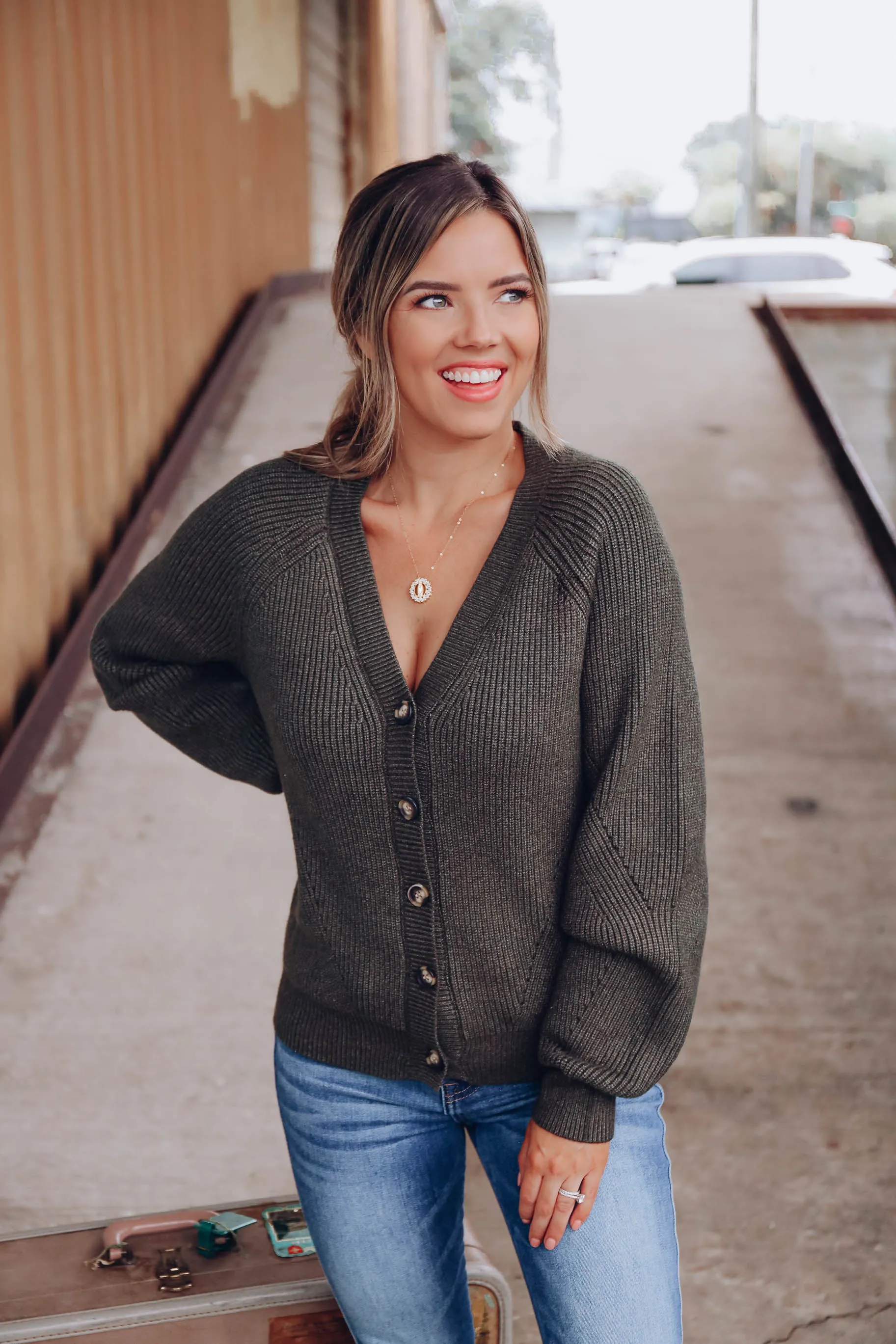 Completed Style Open Front Cardigan - Green