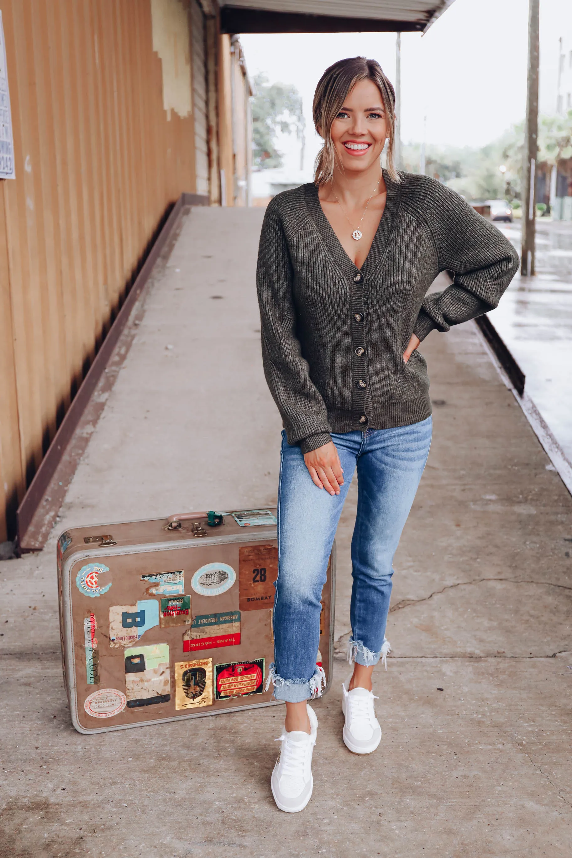 Completed Style Open Front Cardigan - Green