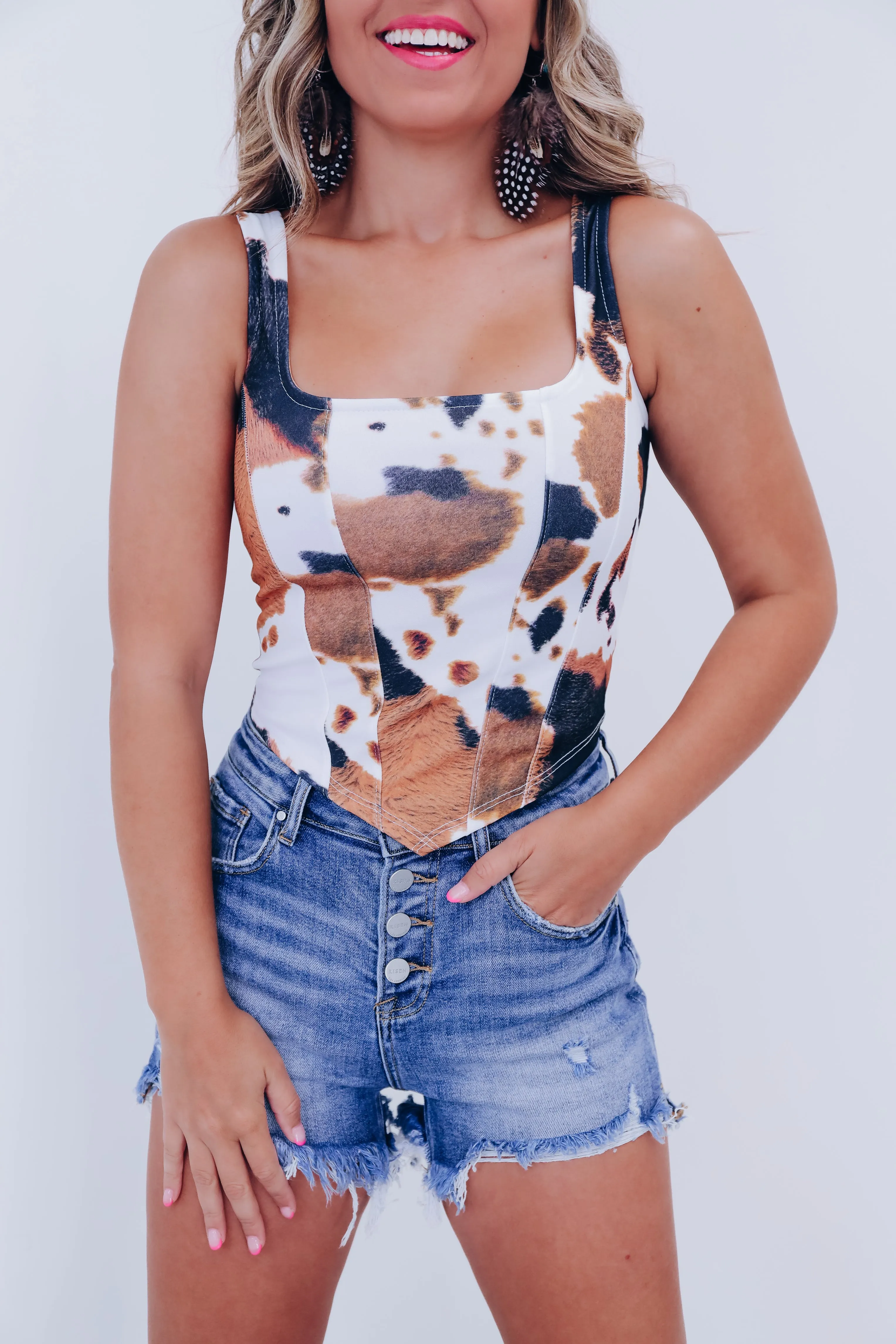 Cow Print Square Neck Crop Top - Brown