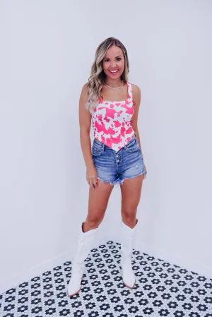 Cow Print Square Neck Crop Top - Pink