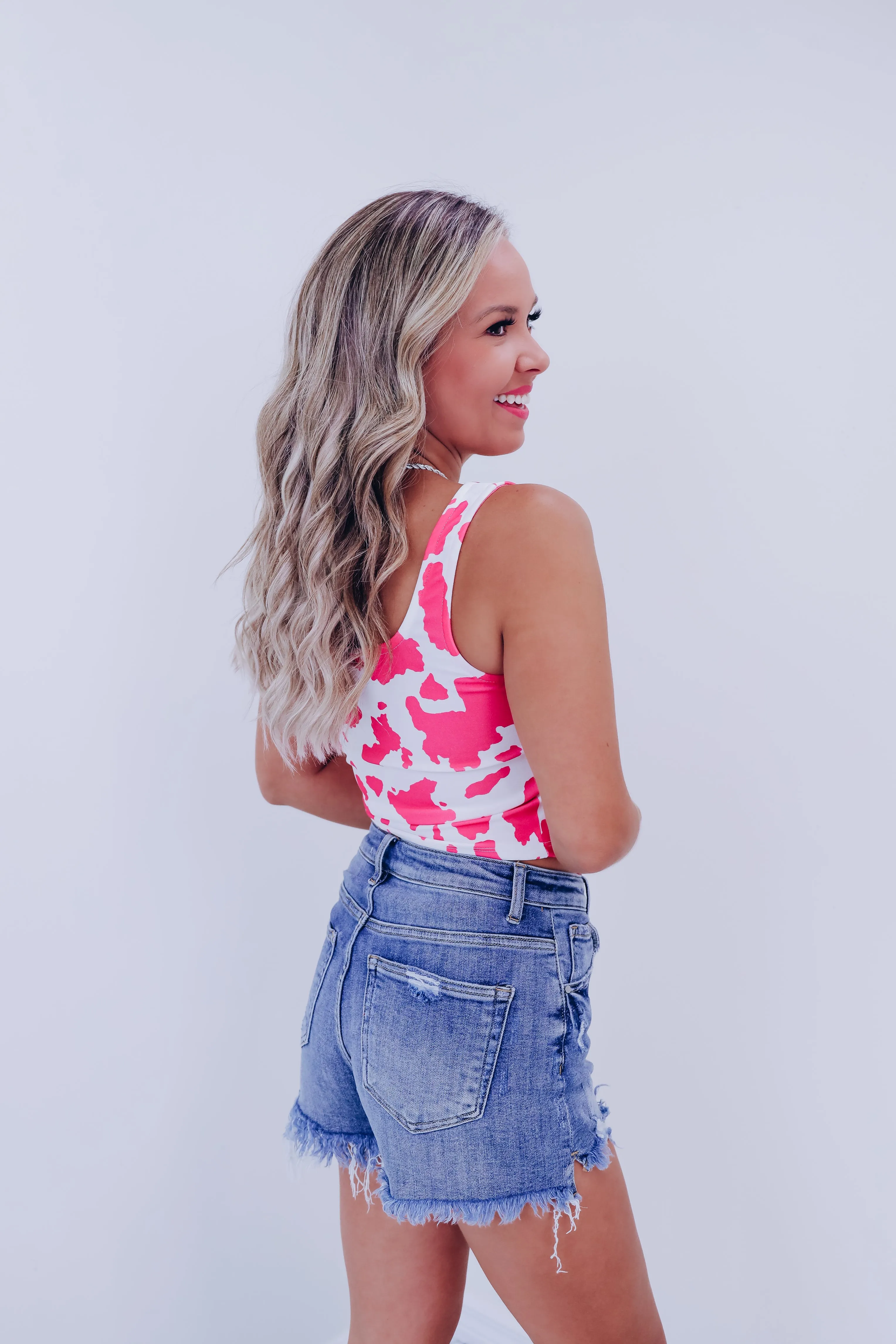 Cow Print Square Neck Crop Top - Pink