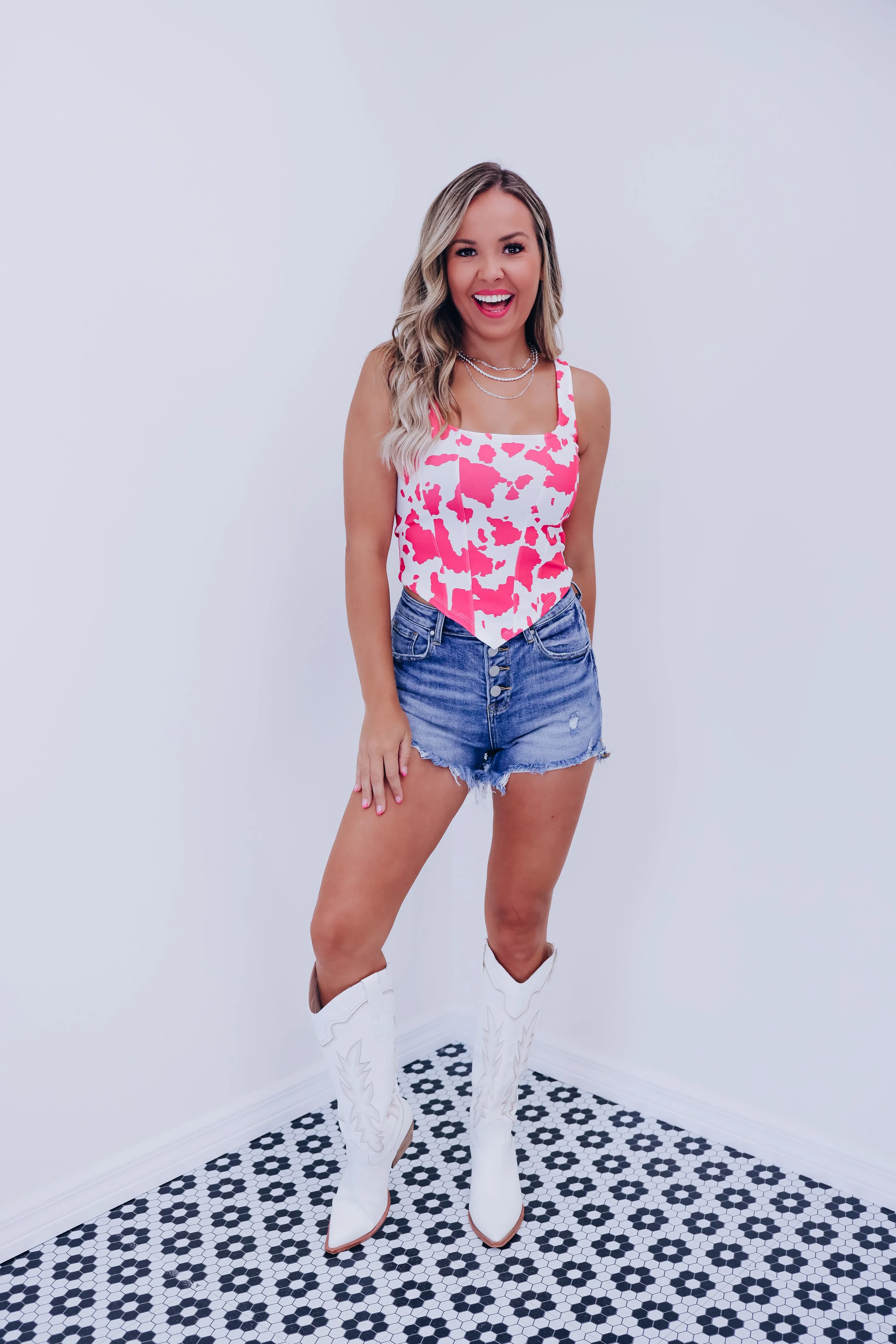 Cow Print Square Neck Crop Top - Pink