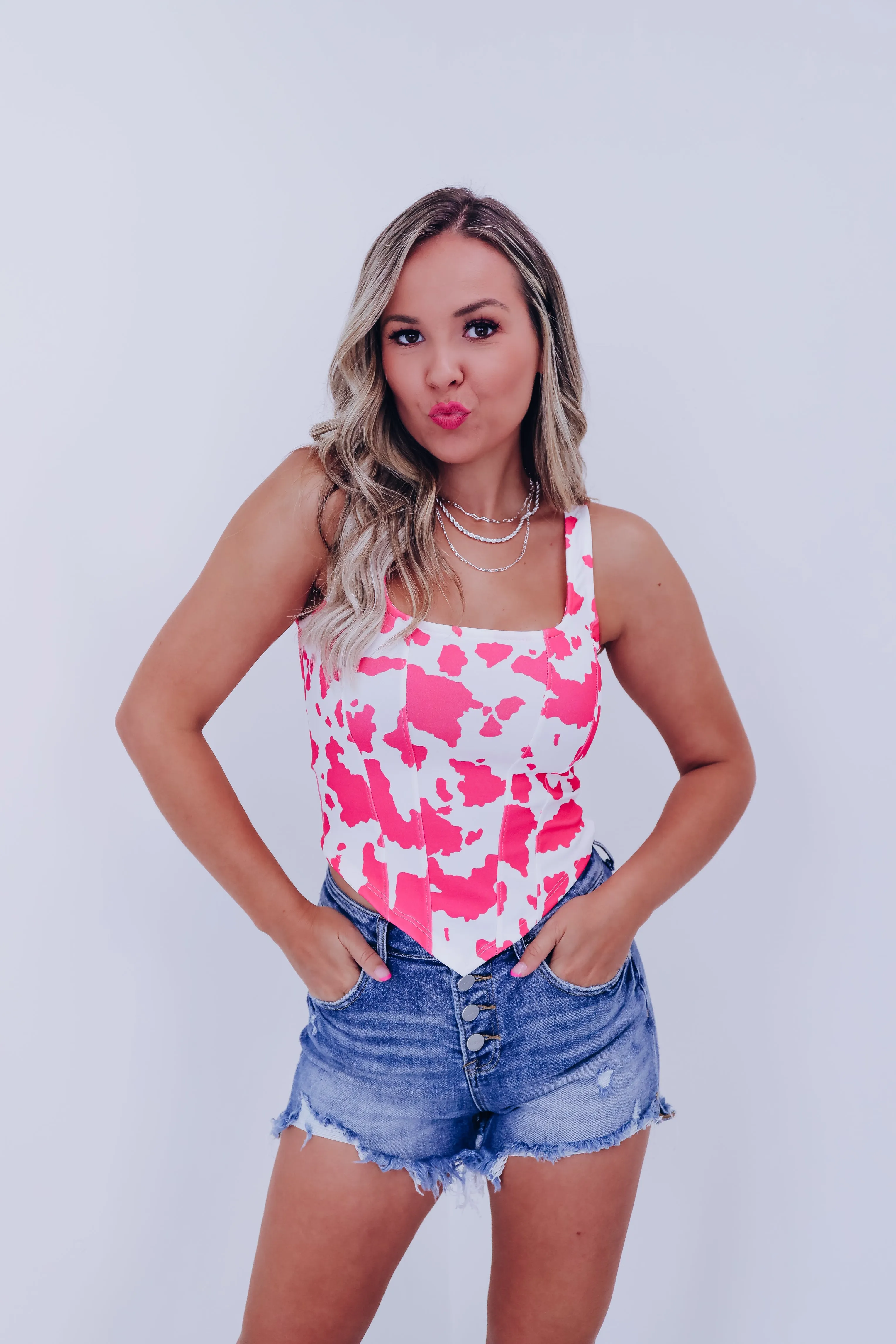 Cow Print Square Neck Crop Top - Pink