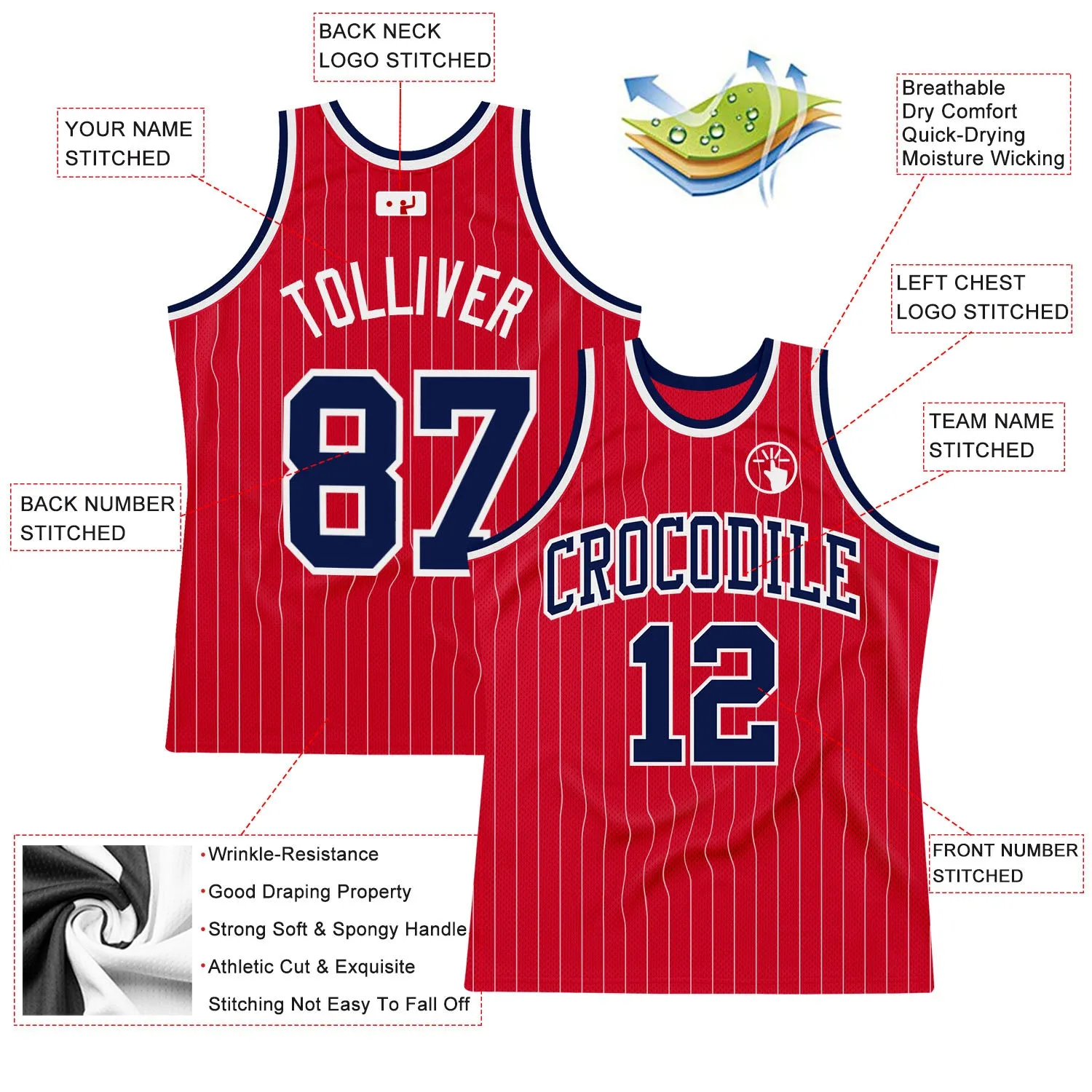 Custom Red White Pinstripe Navy-White Authentic Basketball Jersey