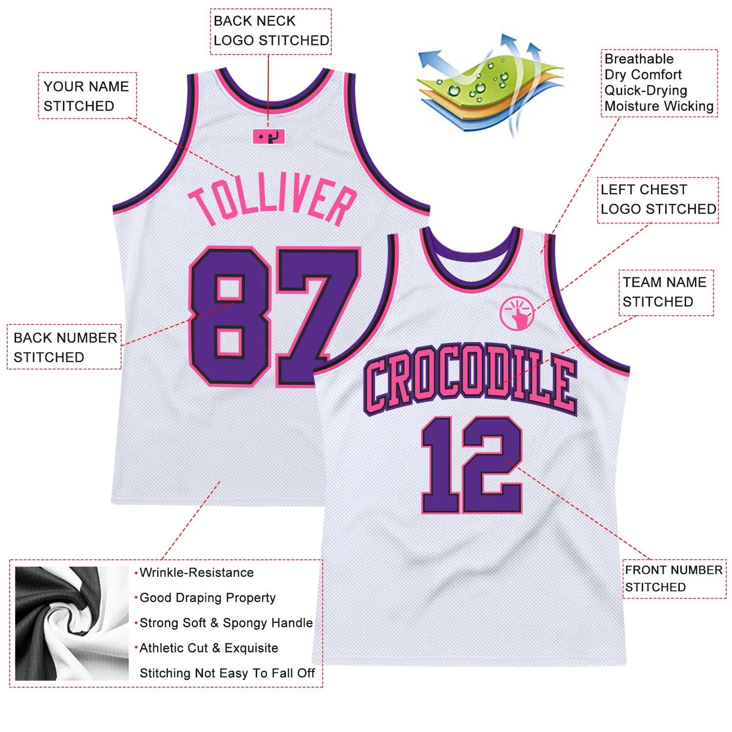 Custom White Purple Black-Pink Authentic Throwback Basketball Jersey