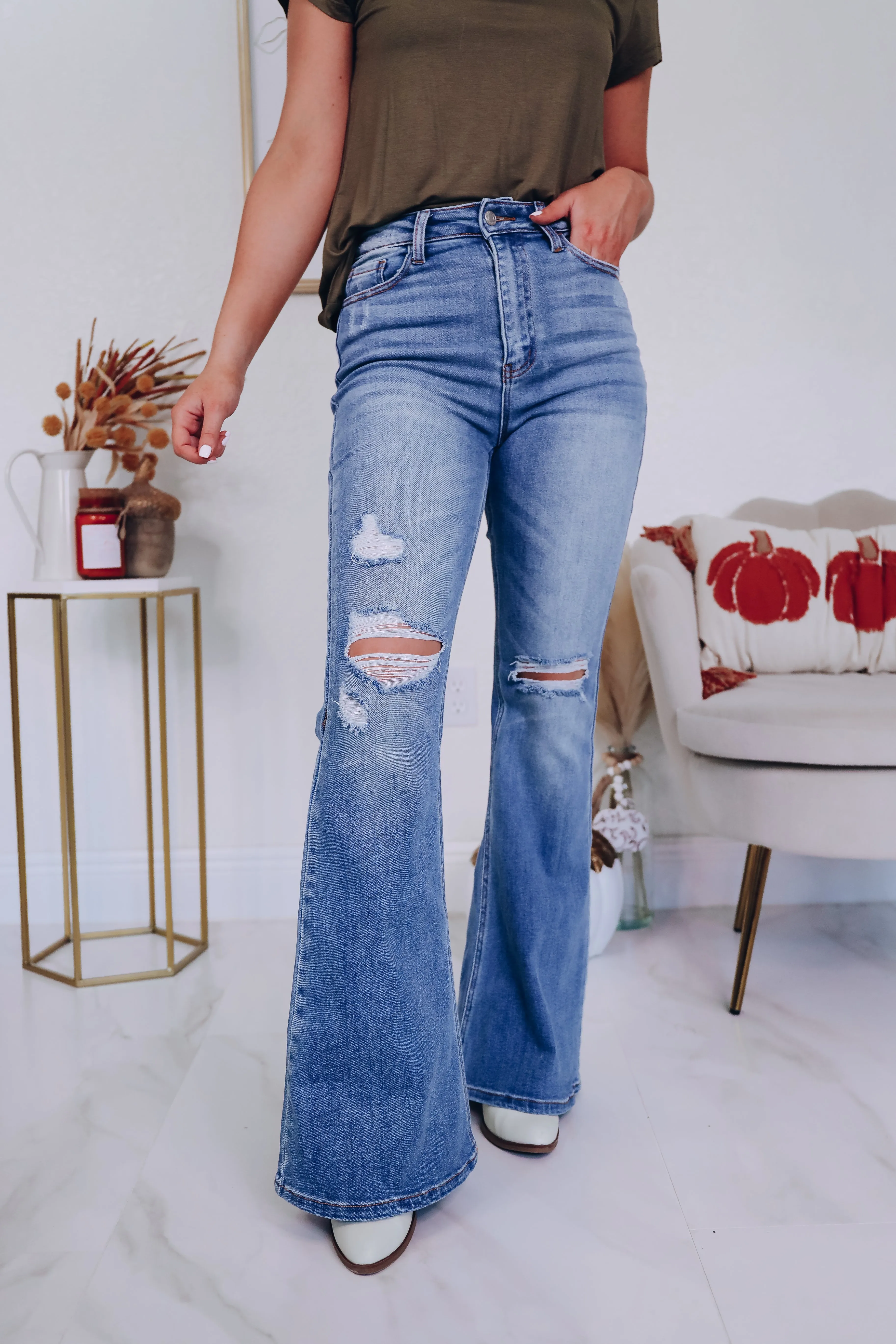 Desoto Distressed Flare Jeans - Medium Wash
