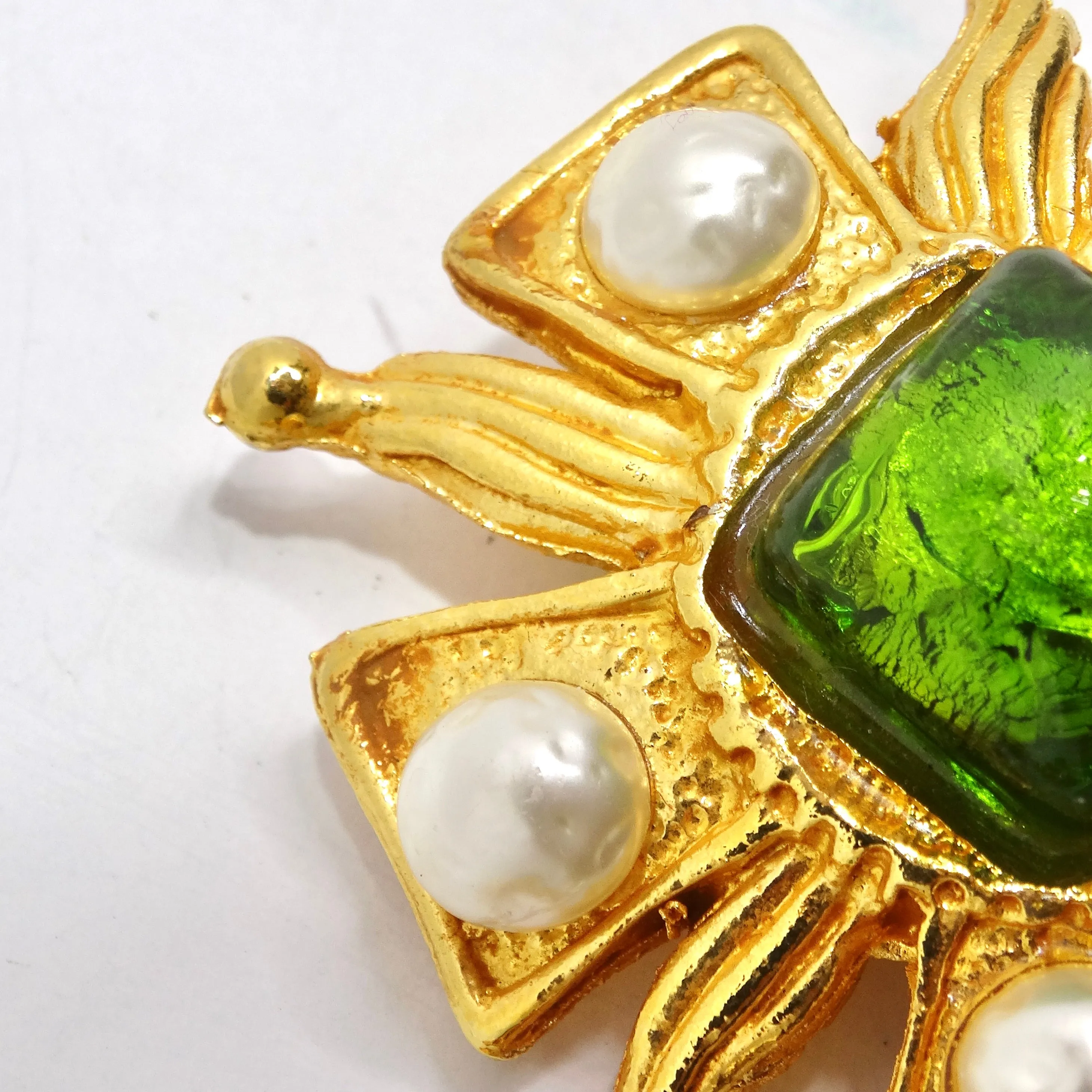 Dominque Aurientis Paris 1980s Gold Plated Green Stone Flower Clip On Earrings